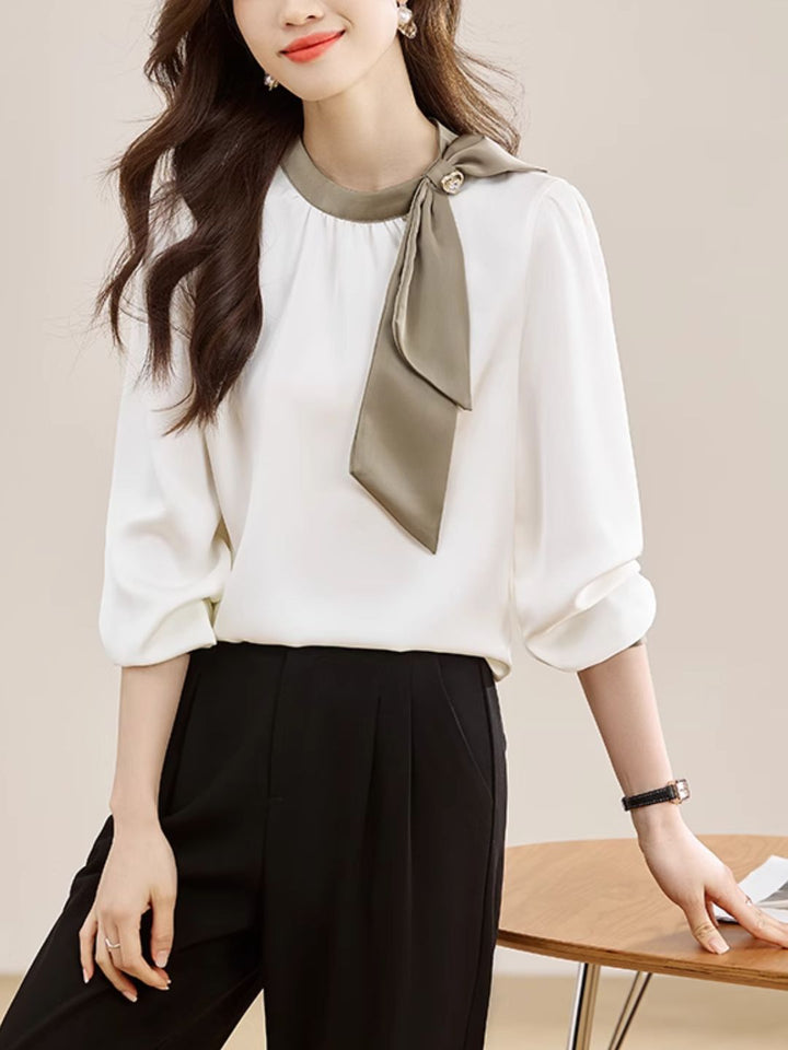 Gentle Colorblock Collar Bowknot Ribbon Top