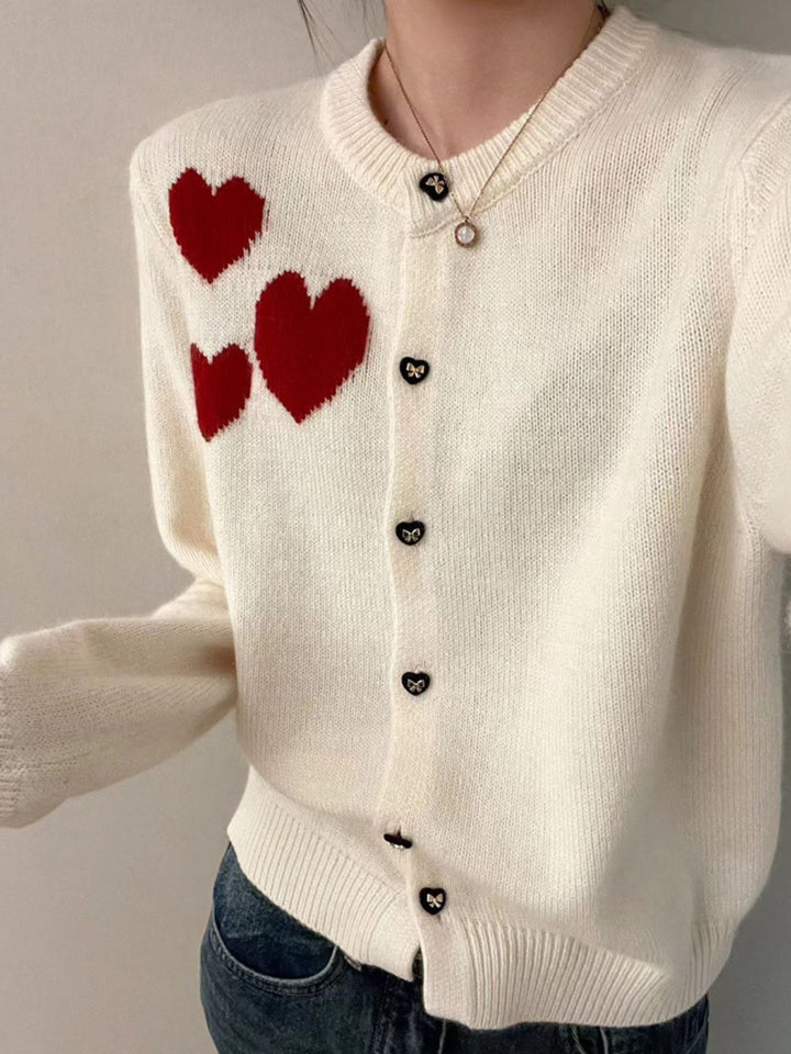 Vintage Crew Neck Heart Print Knitted Cardigan
