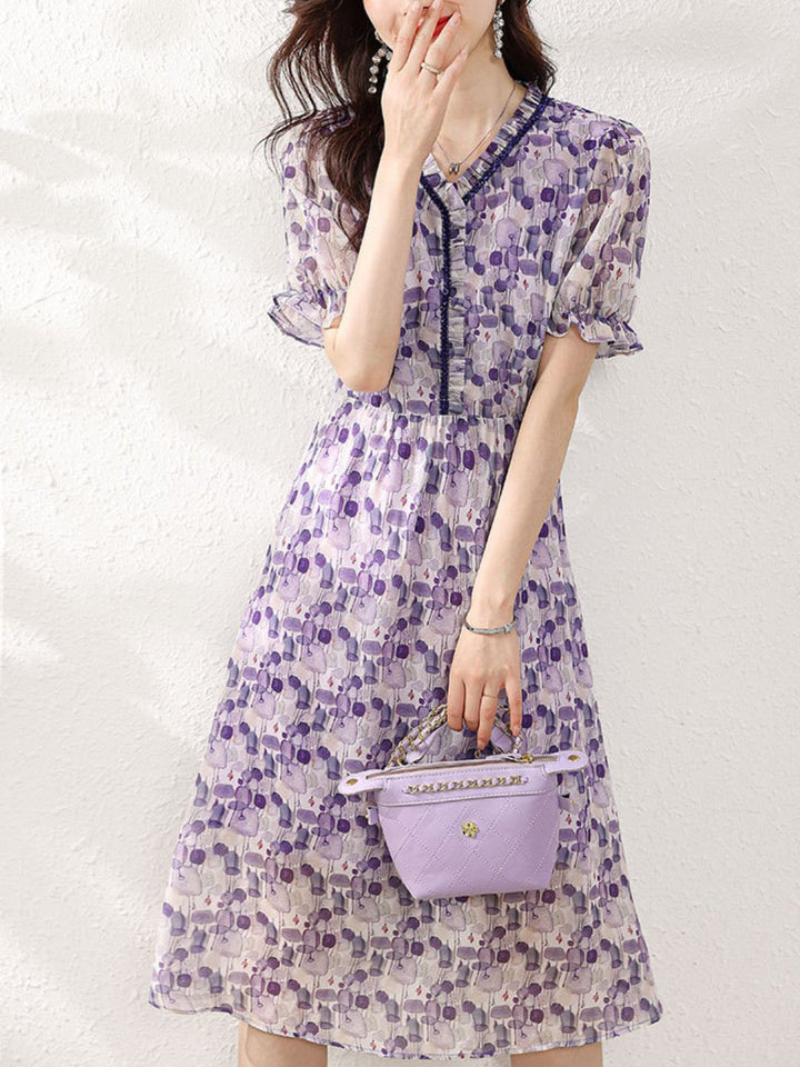 Retro V-Neck Printed Waist Dress
