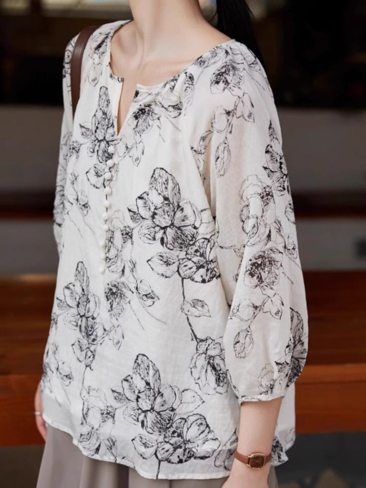 Retro Ink Print Loose Top