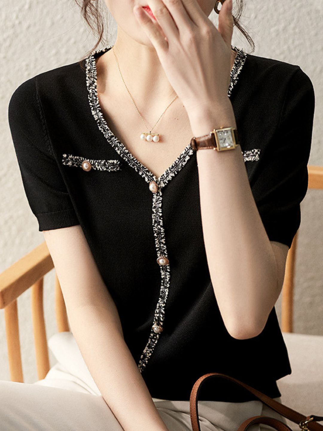 Classic Loose V-Neck Fringe Panel Top