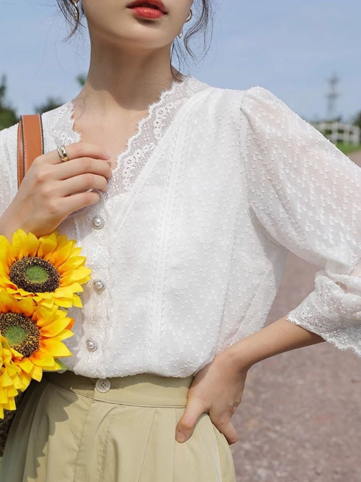 V-neck Chic Lace Chiffon Shirt