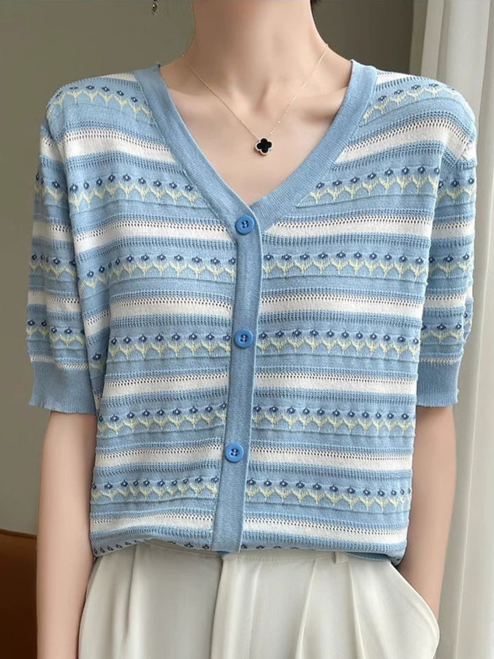 V-neck Short-sleeved Striped T-shirt