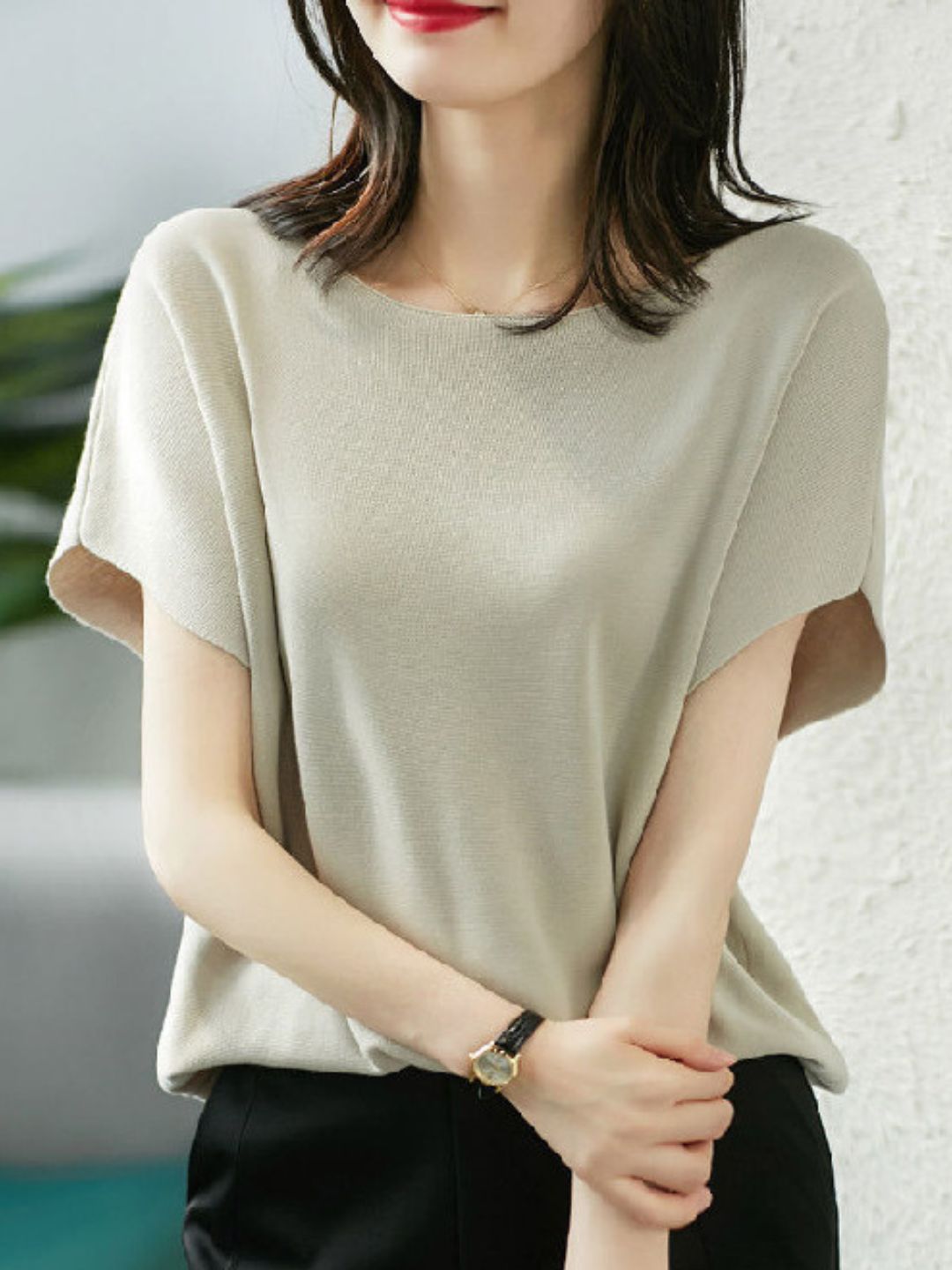 Solid Color Knitted Batwing Top