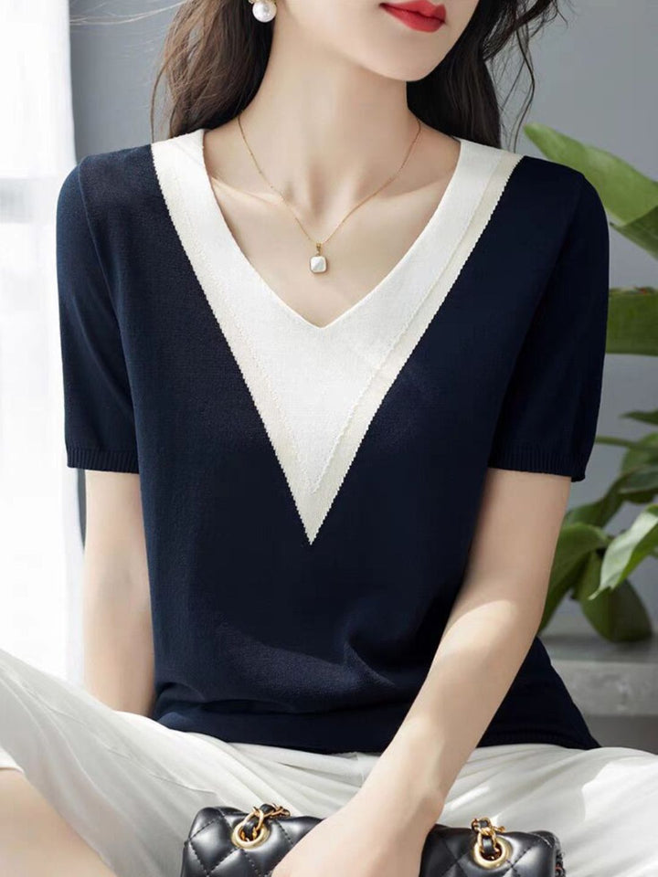 Retro V-Neck Colorblock Loose Top