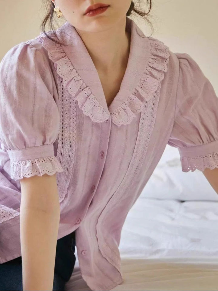 Lace Lapel Short Sleeve Shirt