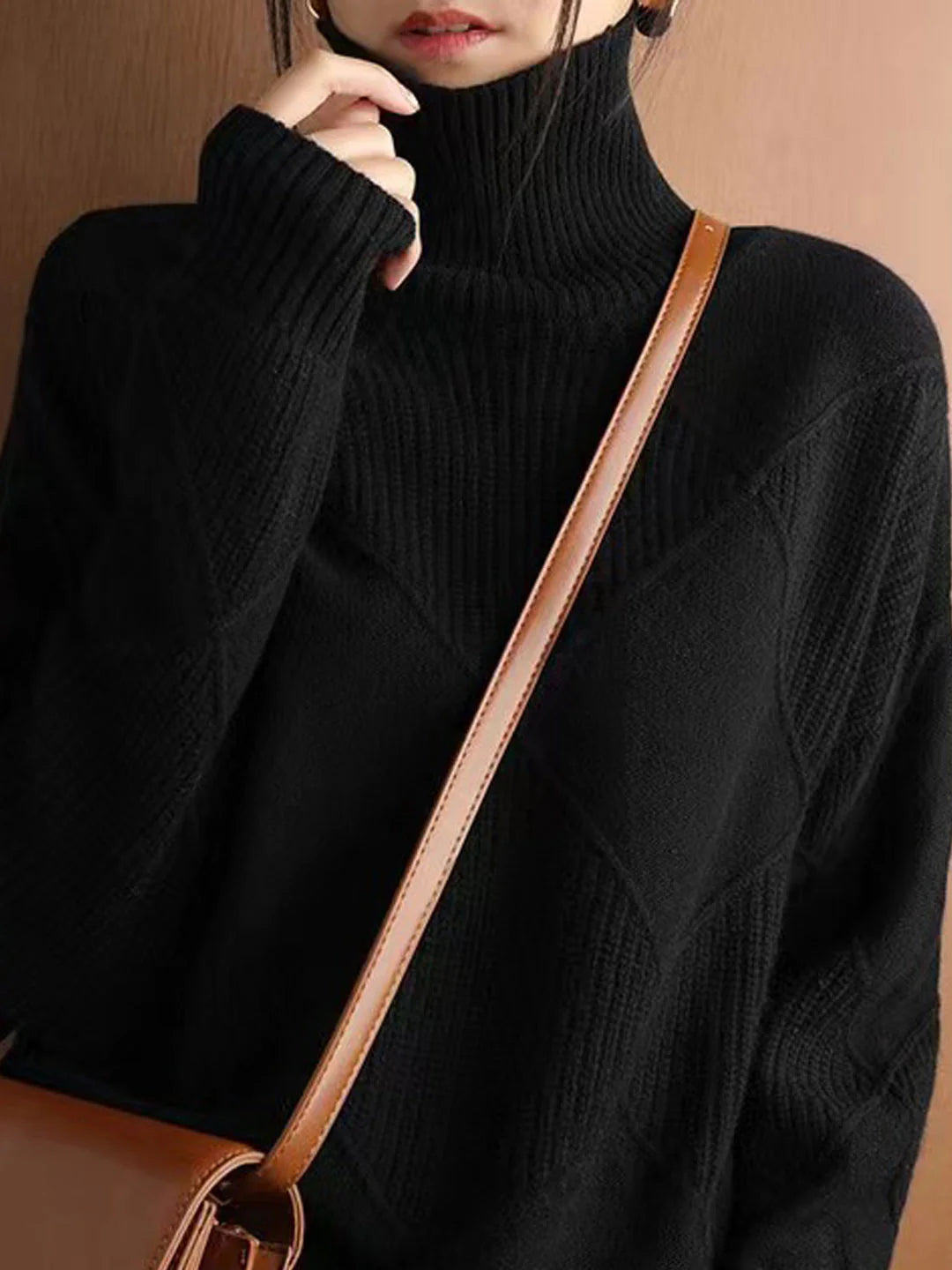 Loose Turtleneck Solid Color Knitted Sweater - Coffee