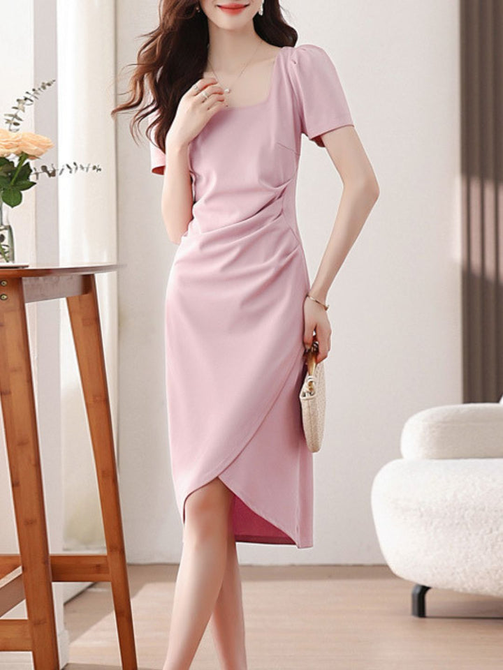 Solid Color Square Neck Slit Dress