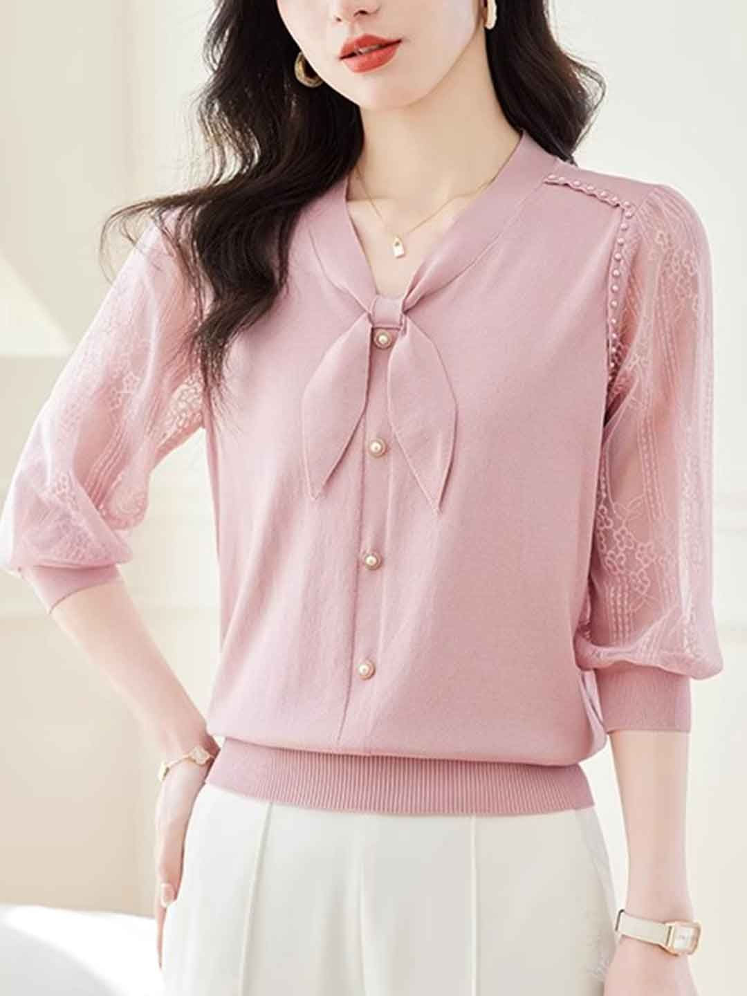 V-Neck Puff Sleeve Bow Lace Knitted Top