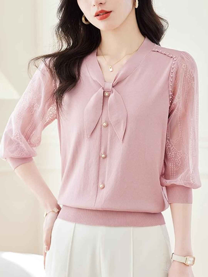 V-Neck Puff Sleeve Bow Lace Knitted Top