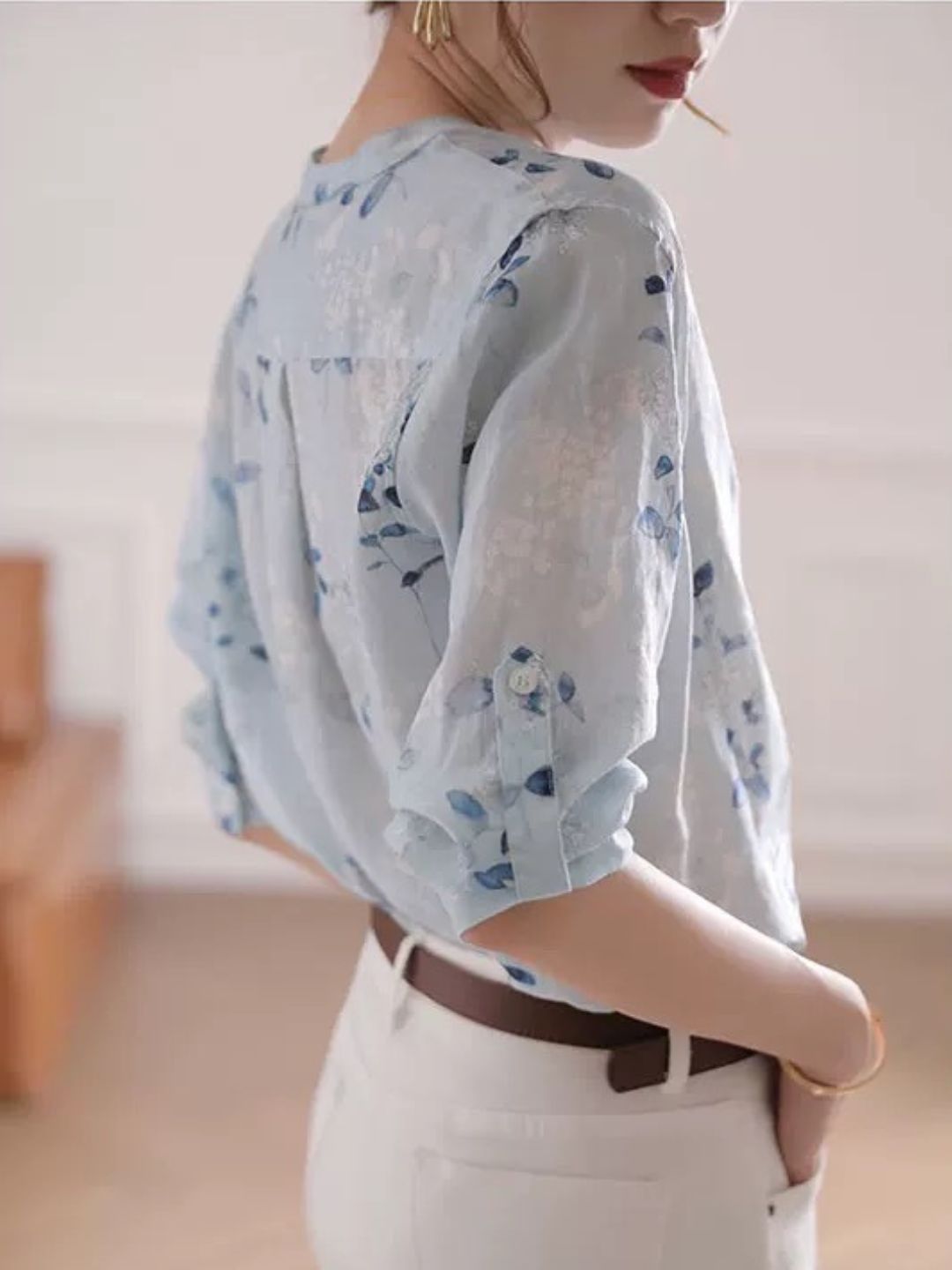 Chiffon Cotton and Linen Blue Floral Shirt
