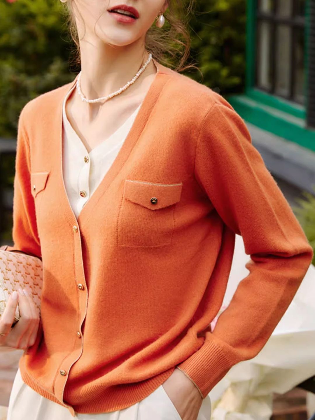 French Orange Lazy Style V-Neck Sweater
