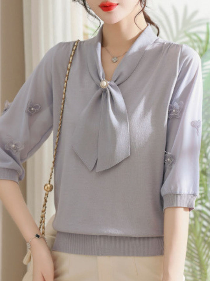 Ribbon Scarf Collar Gauze Sleeve Knitted Top