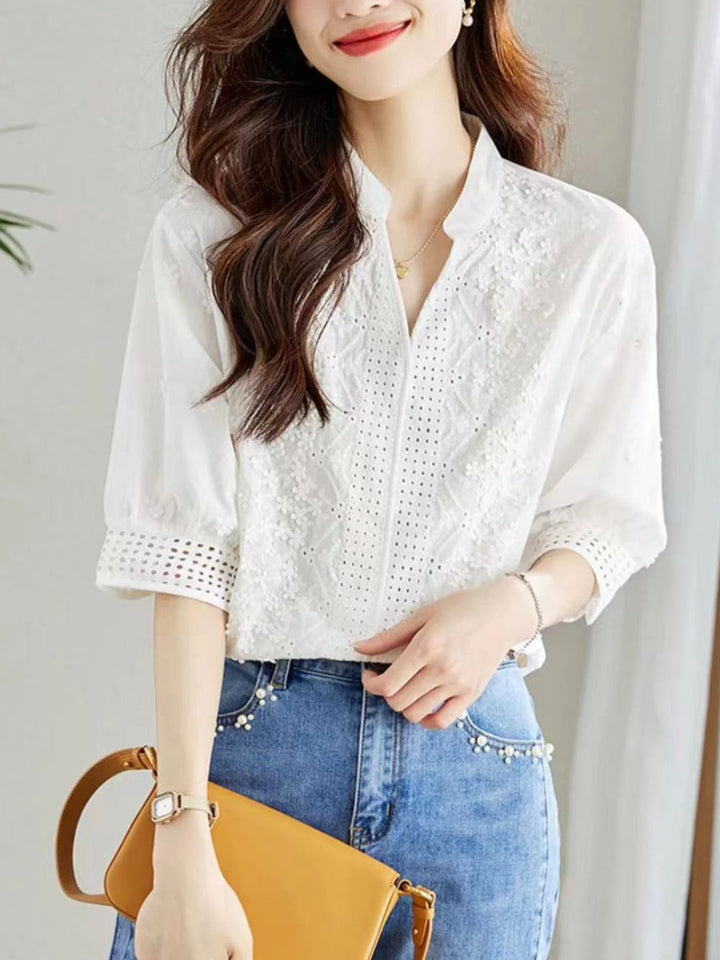 Versatile V-neck Embroidered Hollow Shirt