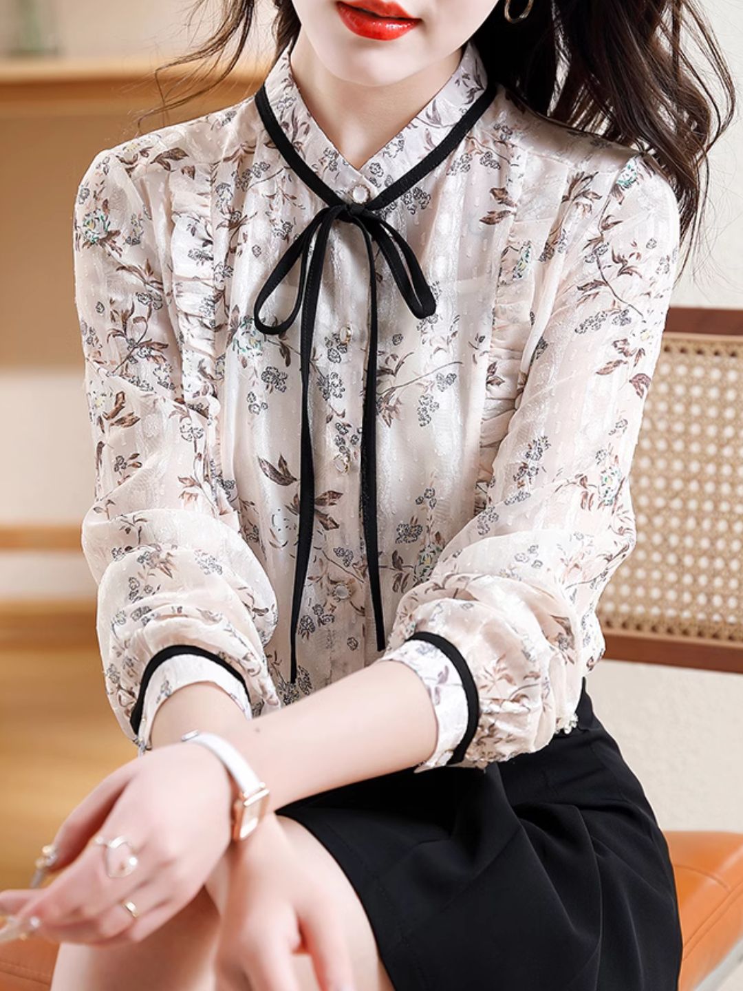 Floral Bow Chiffon Top