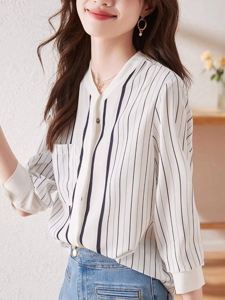 Striped Stand Collar Chiffon Shirt