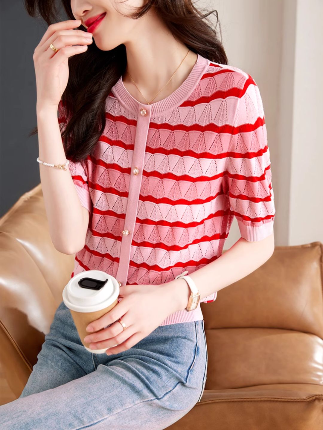 Hollow Striped Short-sleeved T-shirt