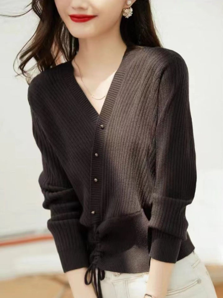 V-Neck Drawstring Knitted Top