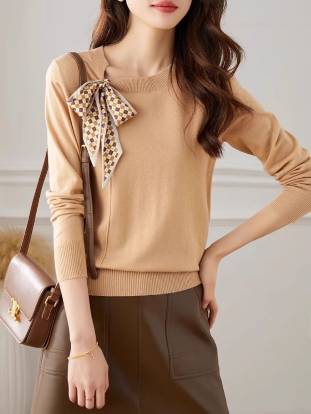 Retro Crew Neck Bow Knitted Top - Blue