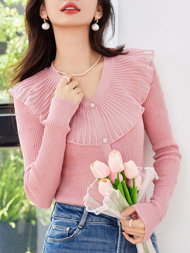 Temperament Pink V-Neck Ruffled Top