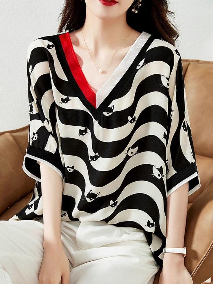 V-neck Striped Mid-sleeve Chiffon Shirt