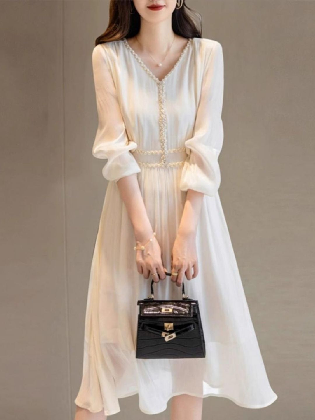 Elegant V-Neck Long-Sleeved Dress