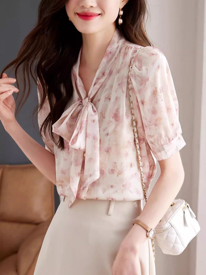 Bow Tie Floral Chiffon Shirt