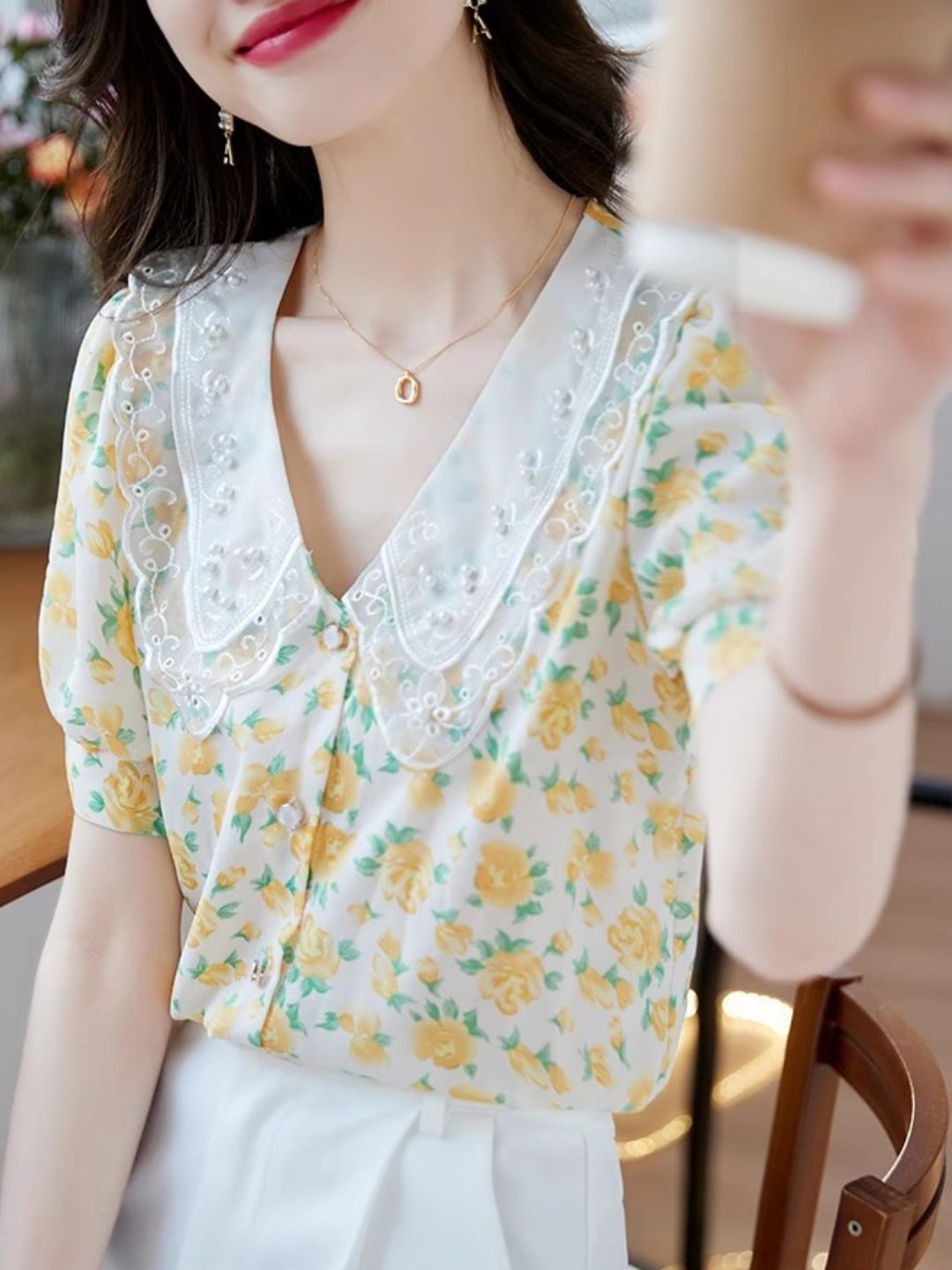 Classic Floral Printed Beaded Chiffon Shirt -Pink