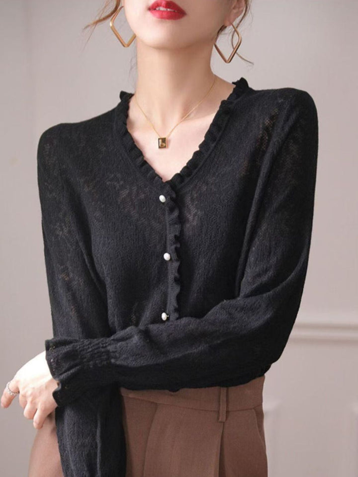 Hollow Fungus Lace V-Neck Top - Black