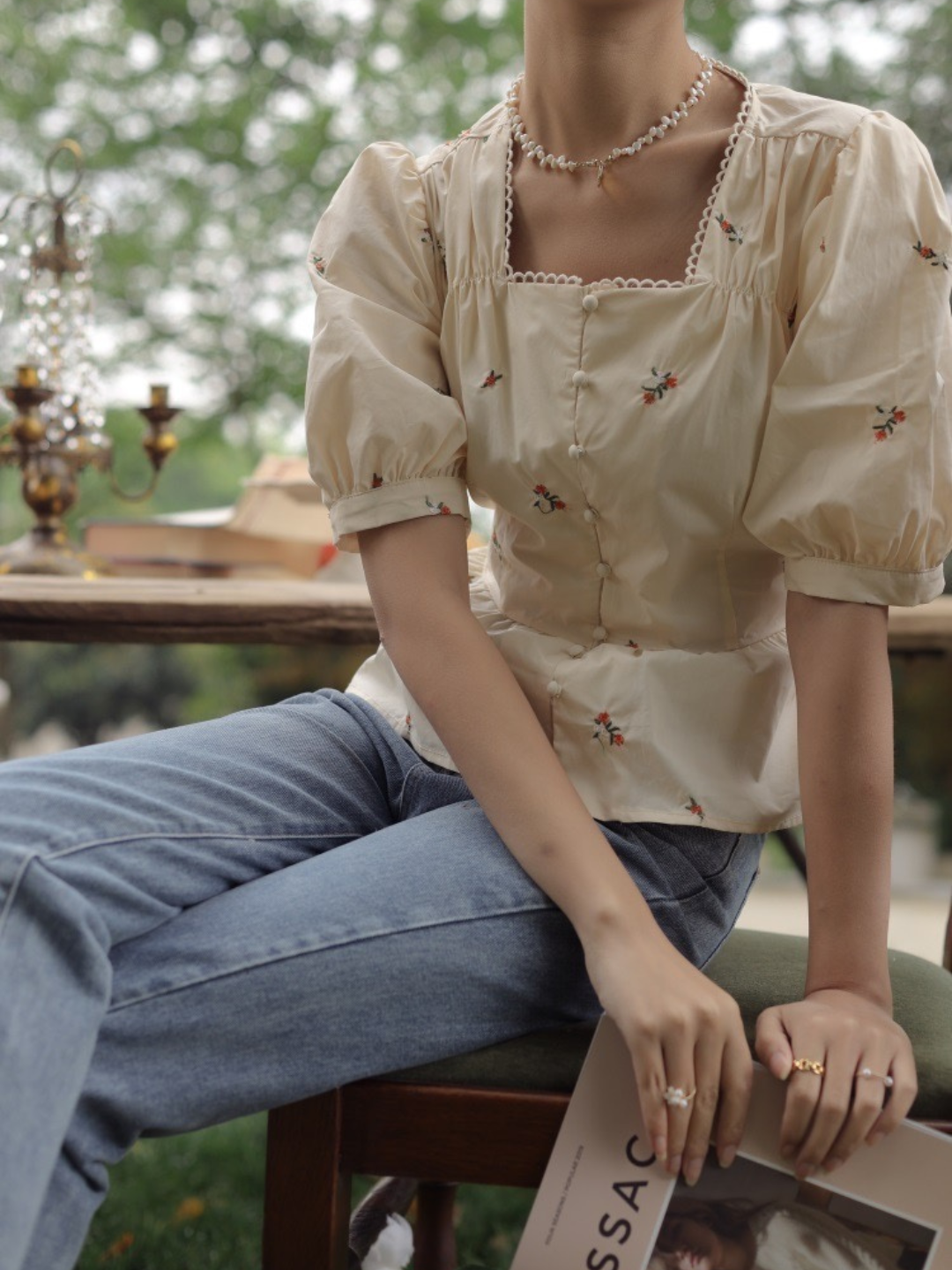 Square Neck Short Sleeve Embroidered Shirt