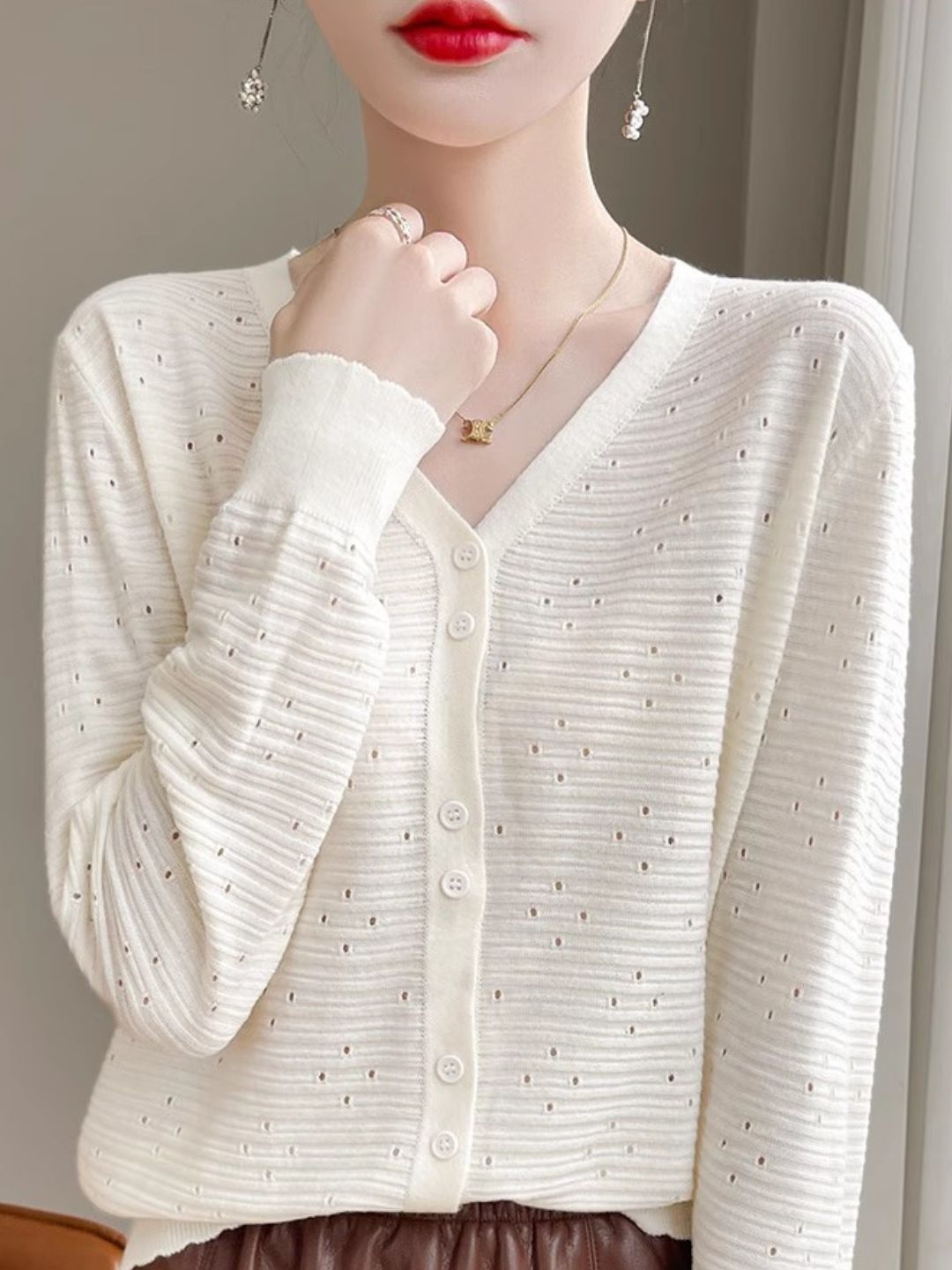 Long Sleeve V-Neck Top Hollow Knit Cardigan