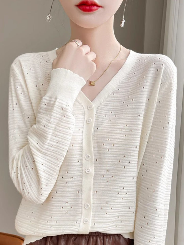 Long Sleeve V-Neck Top Hollow Knit Cardigan