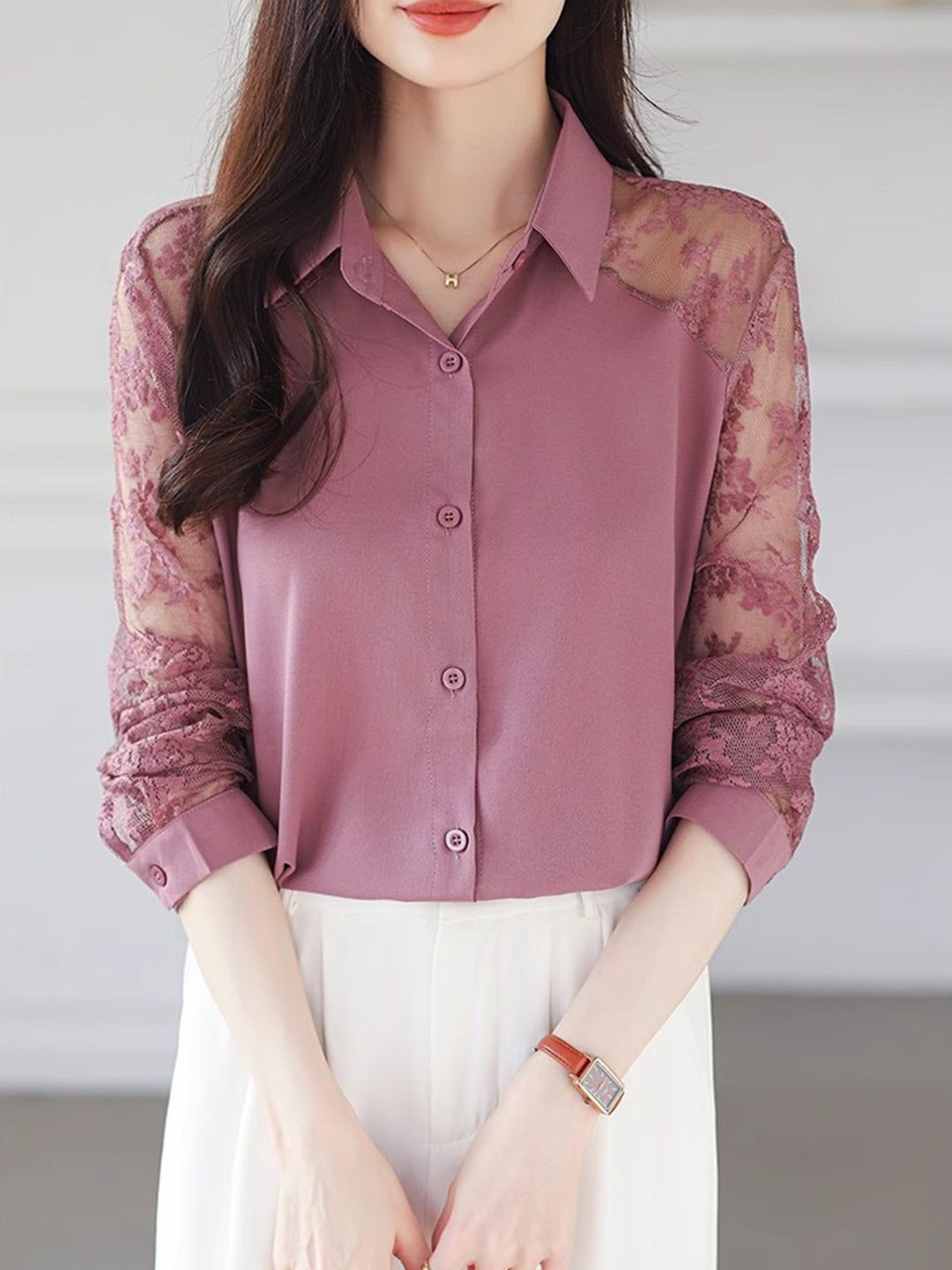 Lace Loose Lapel Chiffon Shirt