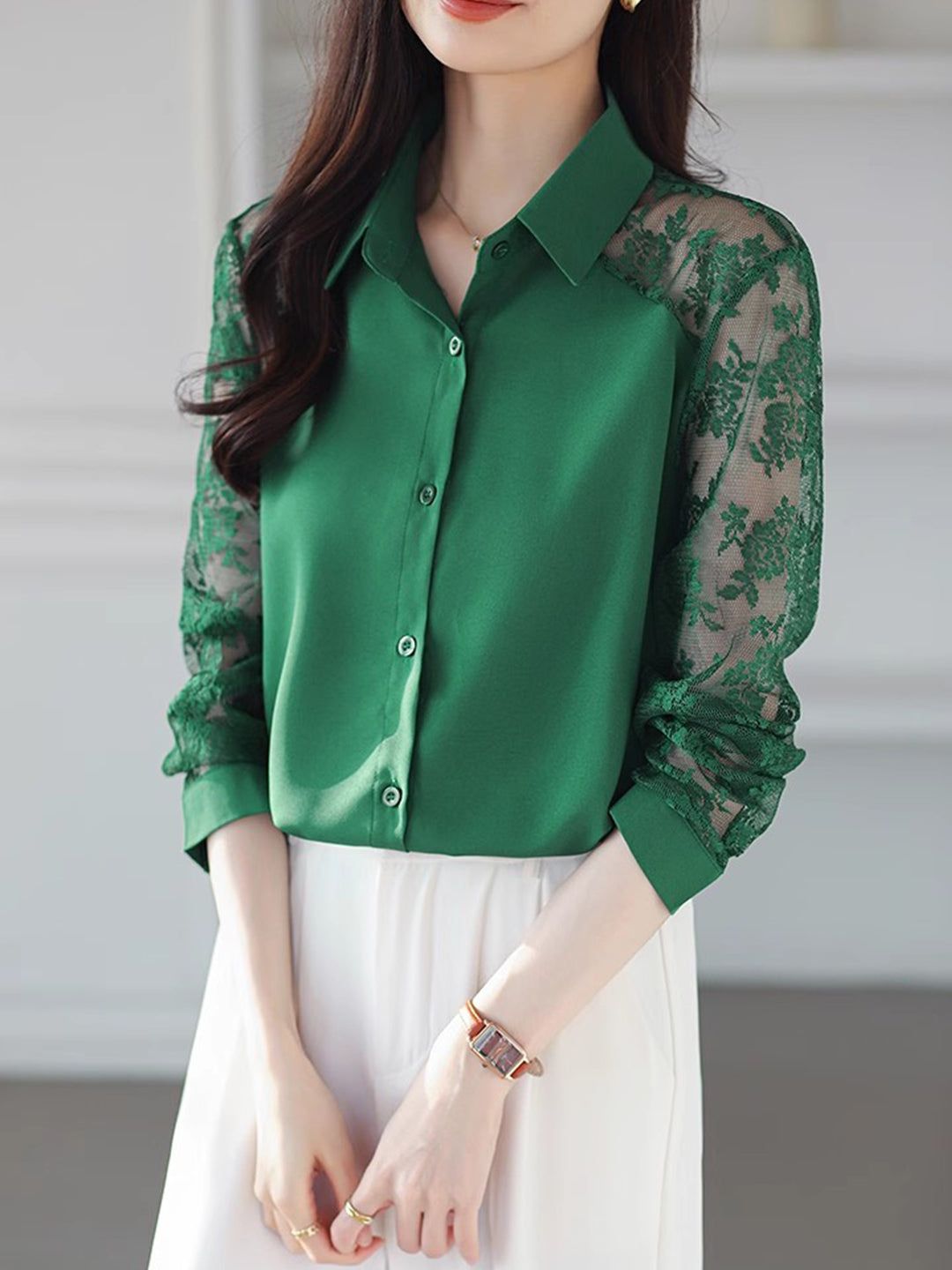 Lace Loose Lapel Chiffon Shirt
