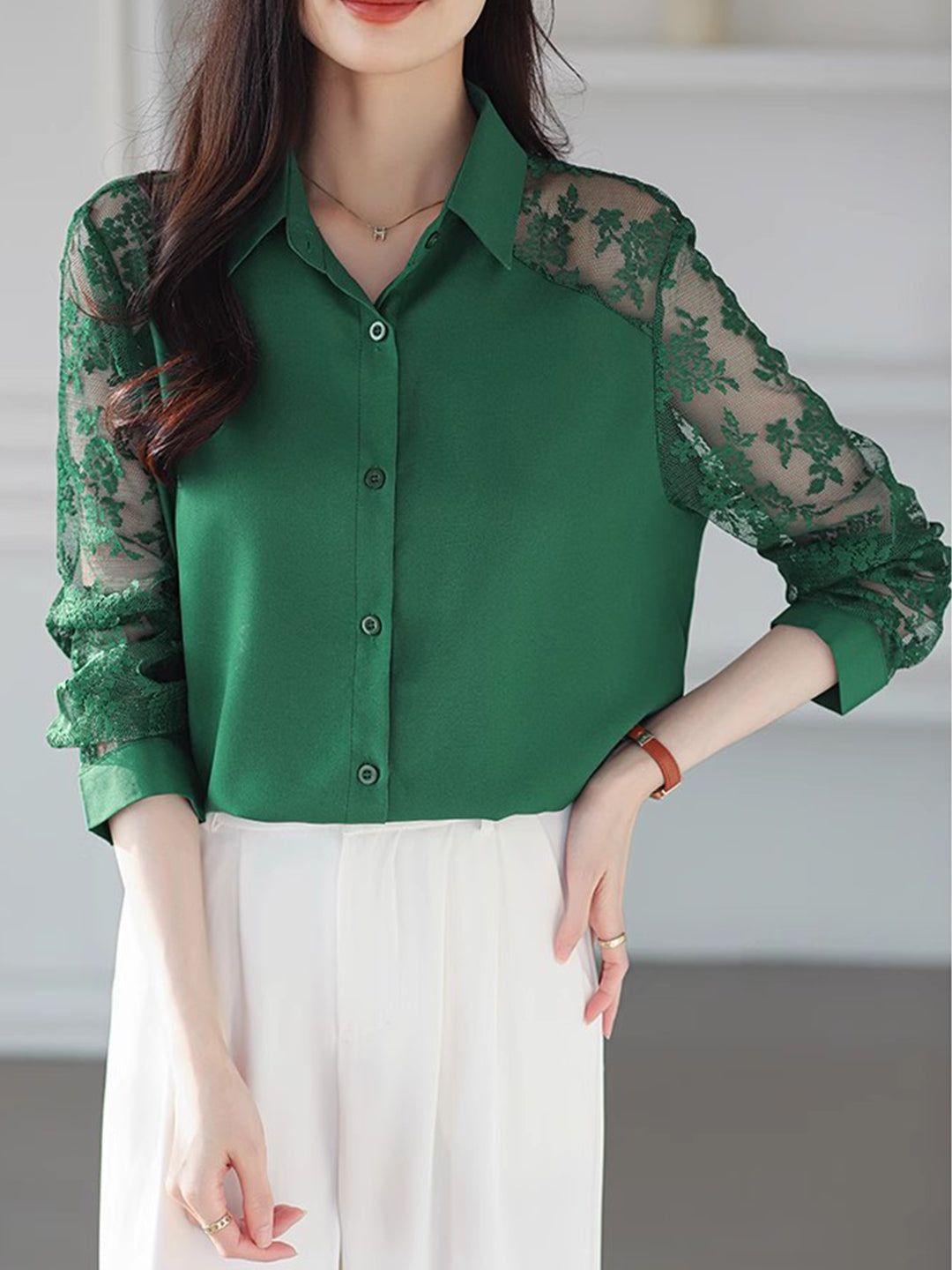 Lace Loose Lapel Chiffon Shirt