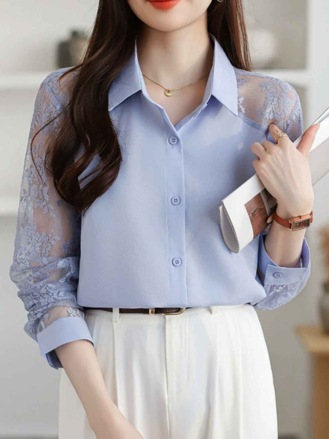Lace Loose Lapel Chiffon Shirt