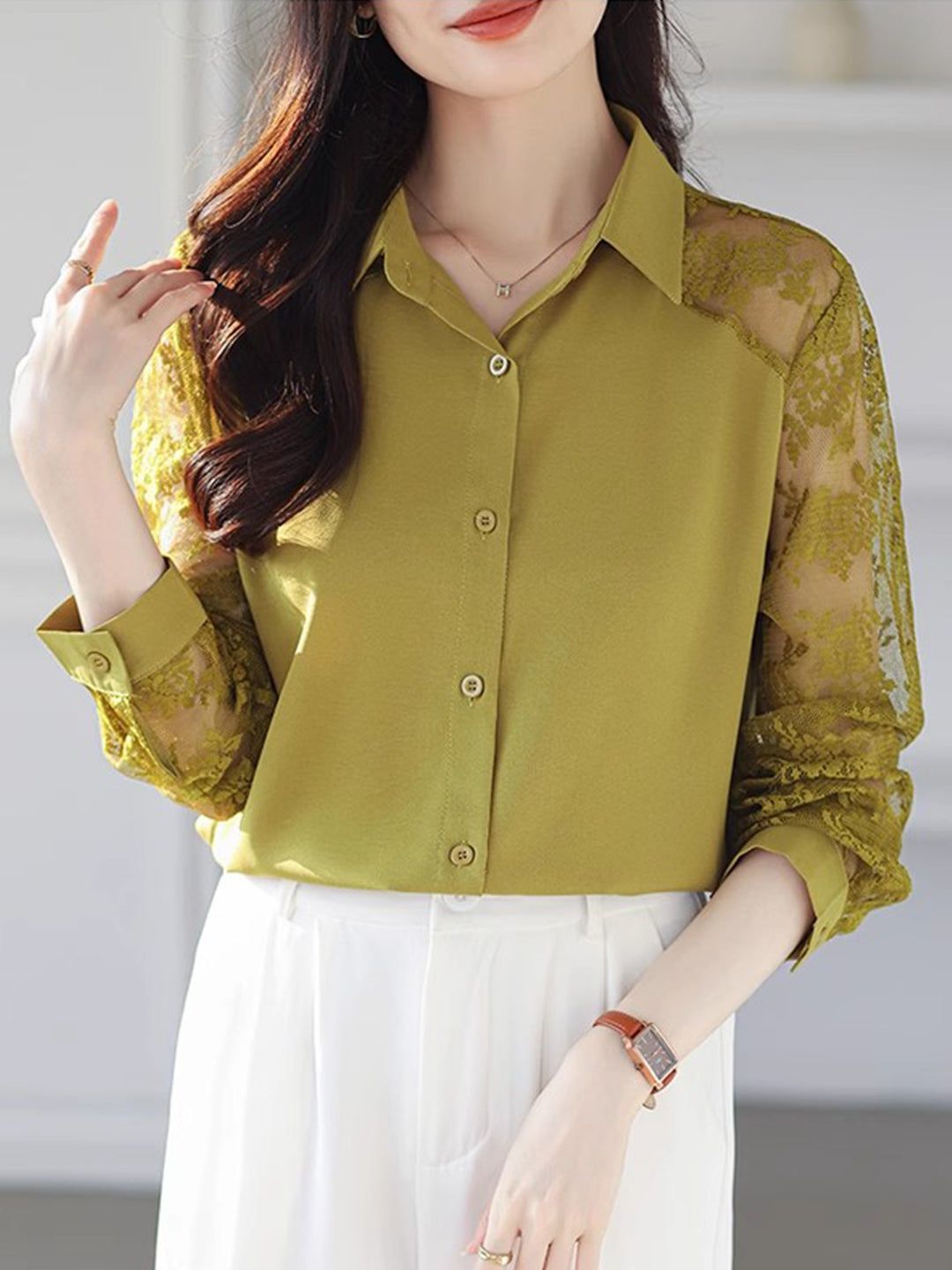 Lace Loose Lapel Chiffon Shirt