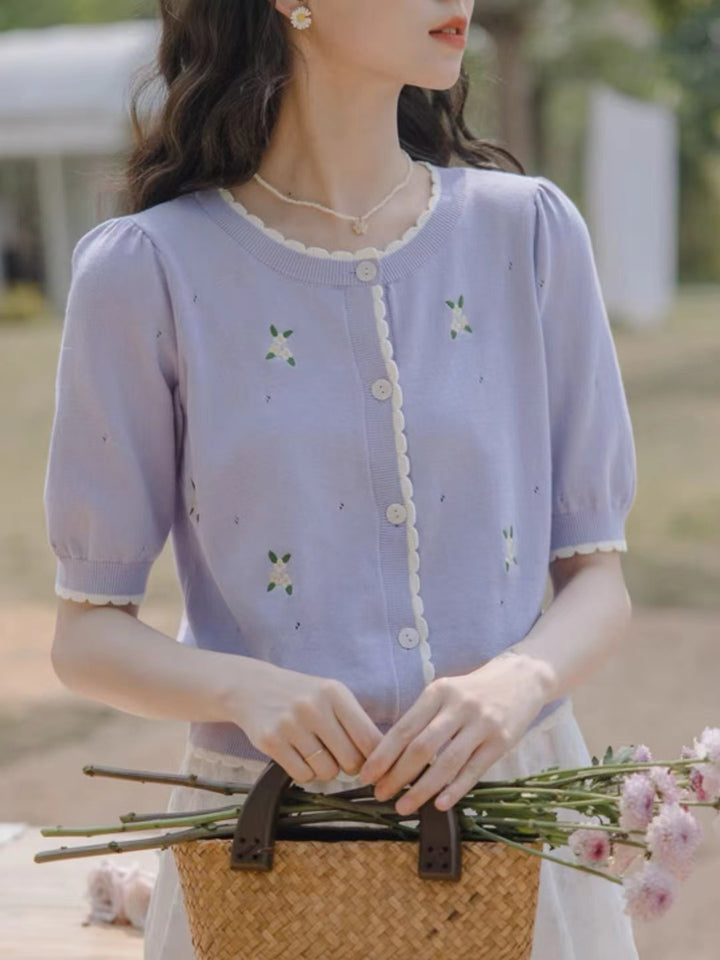 Contrast Color Crew Neck Embroidered Shirt