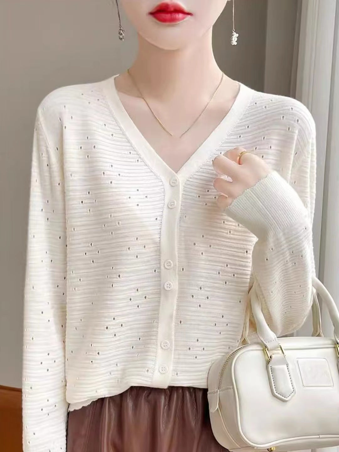 Long Sleeve V-Neck Top Hollow Knit Cardigan