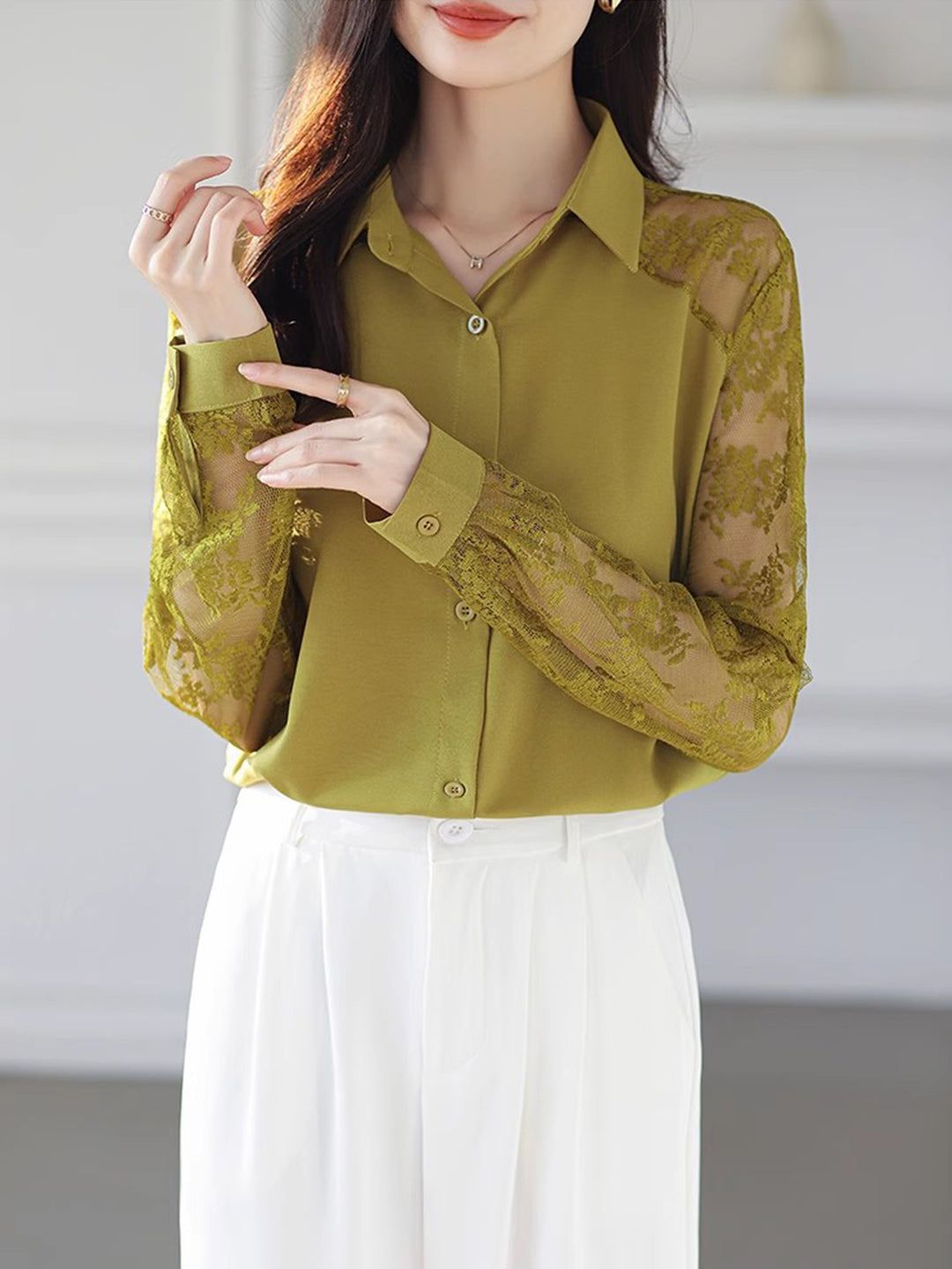 Lace Loose Lapel Chiffon Shirt