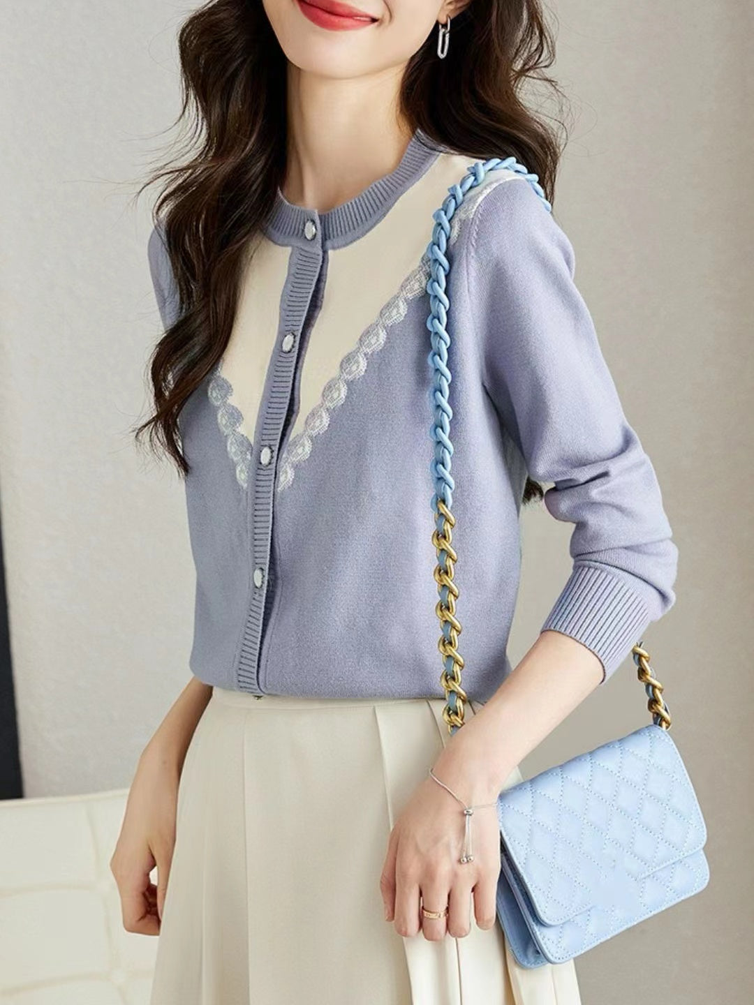 Contrast Color Cardigan - Blue