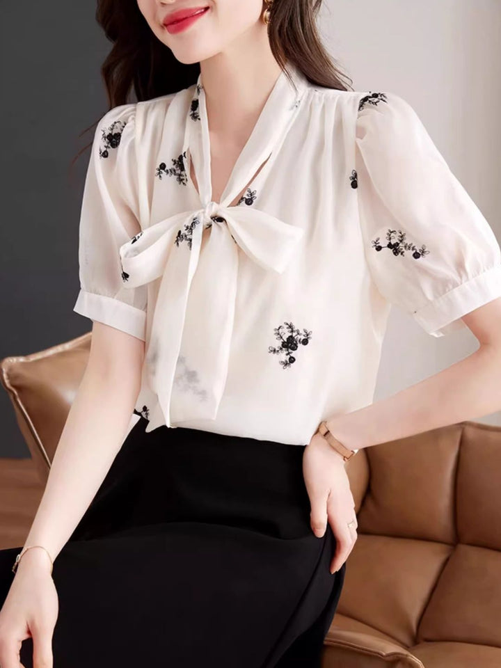 Bow Short Sleeve Chiffon Shirt - Apricot