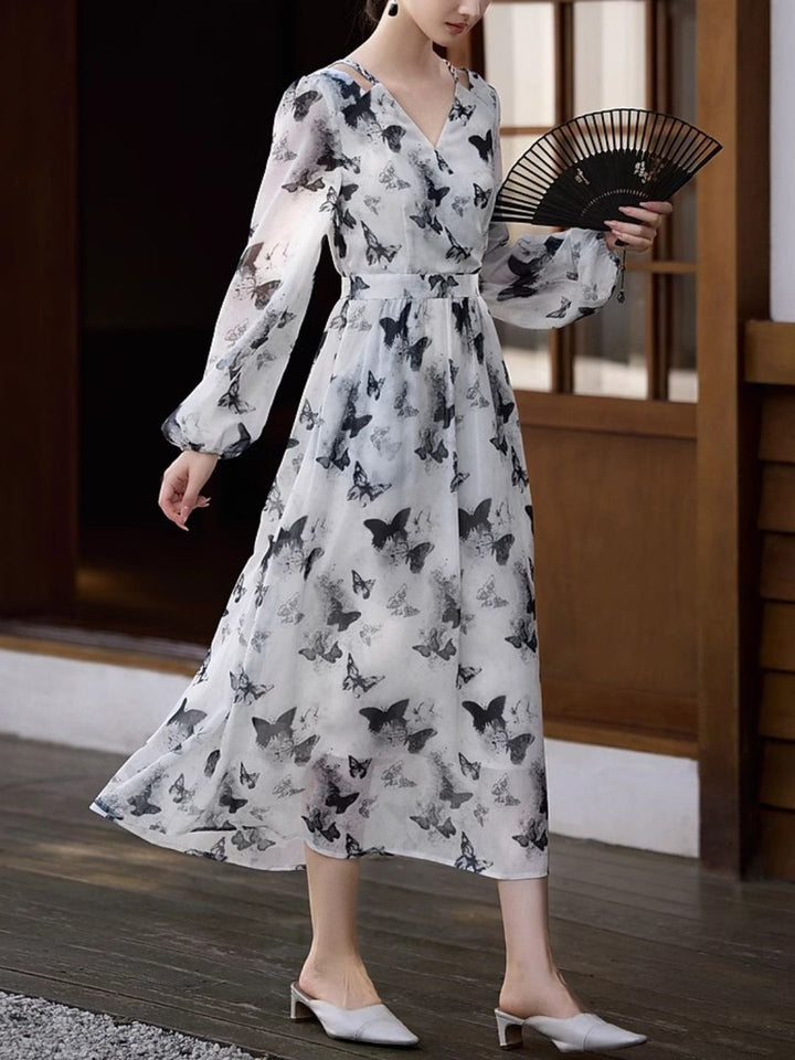 Elegant Butterfly Print V-Neck Dress