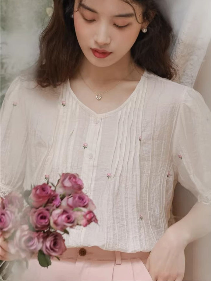 Round Neck Puff Short Sleeve Shirt