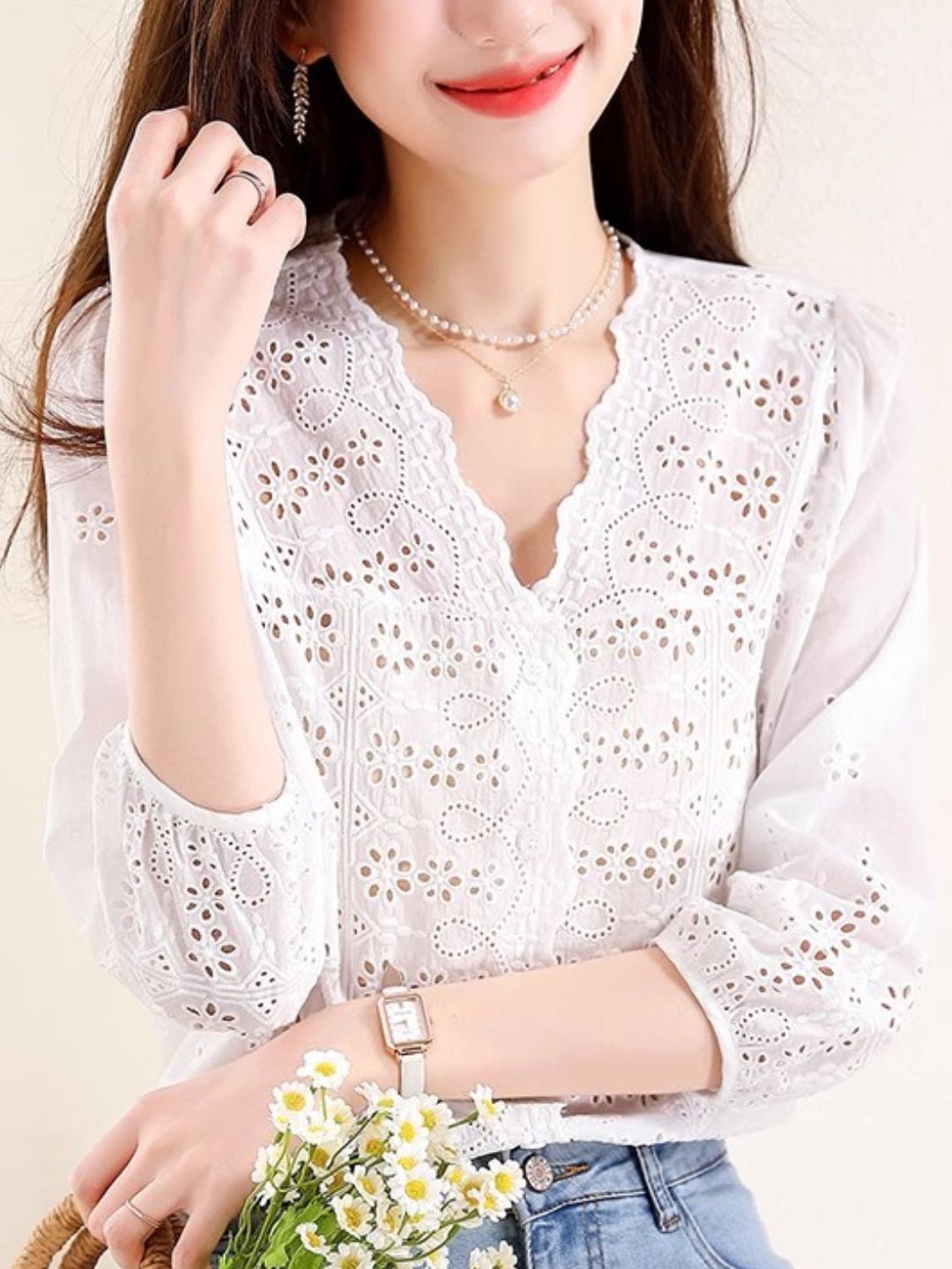 Exquisite Hollow Embroidery Loose Shirt