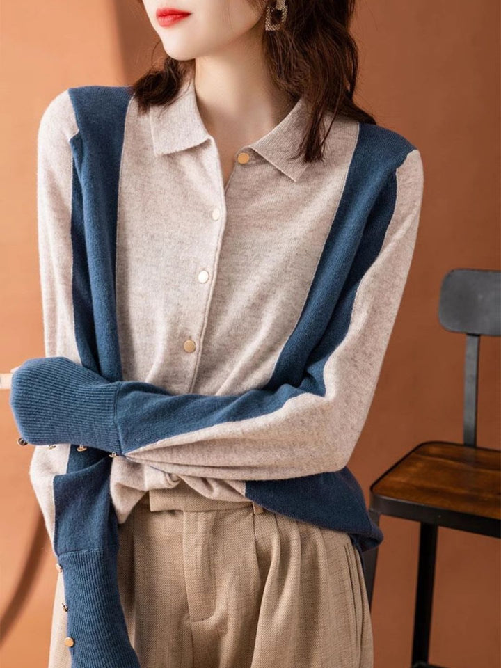 Fashion Lapel Contrast Color Sweater