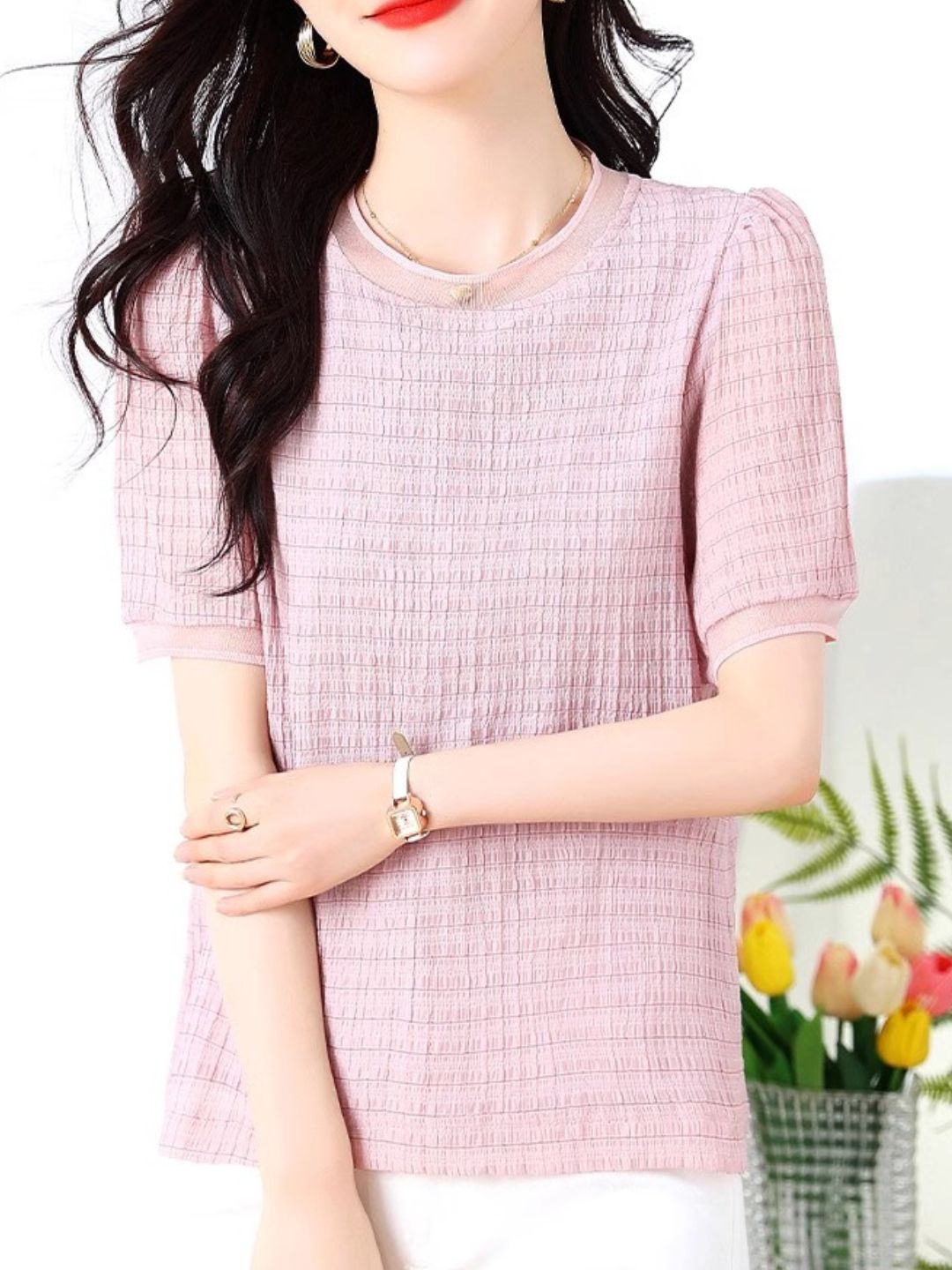 Round Neck Plaid Chiffon Shirt - Pink