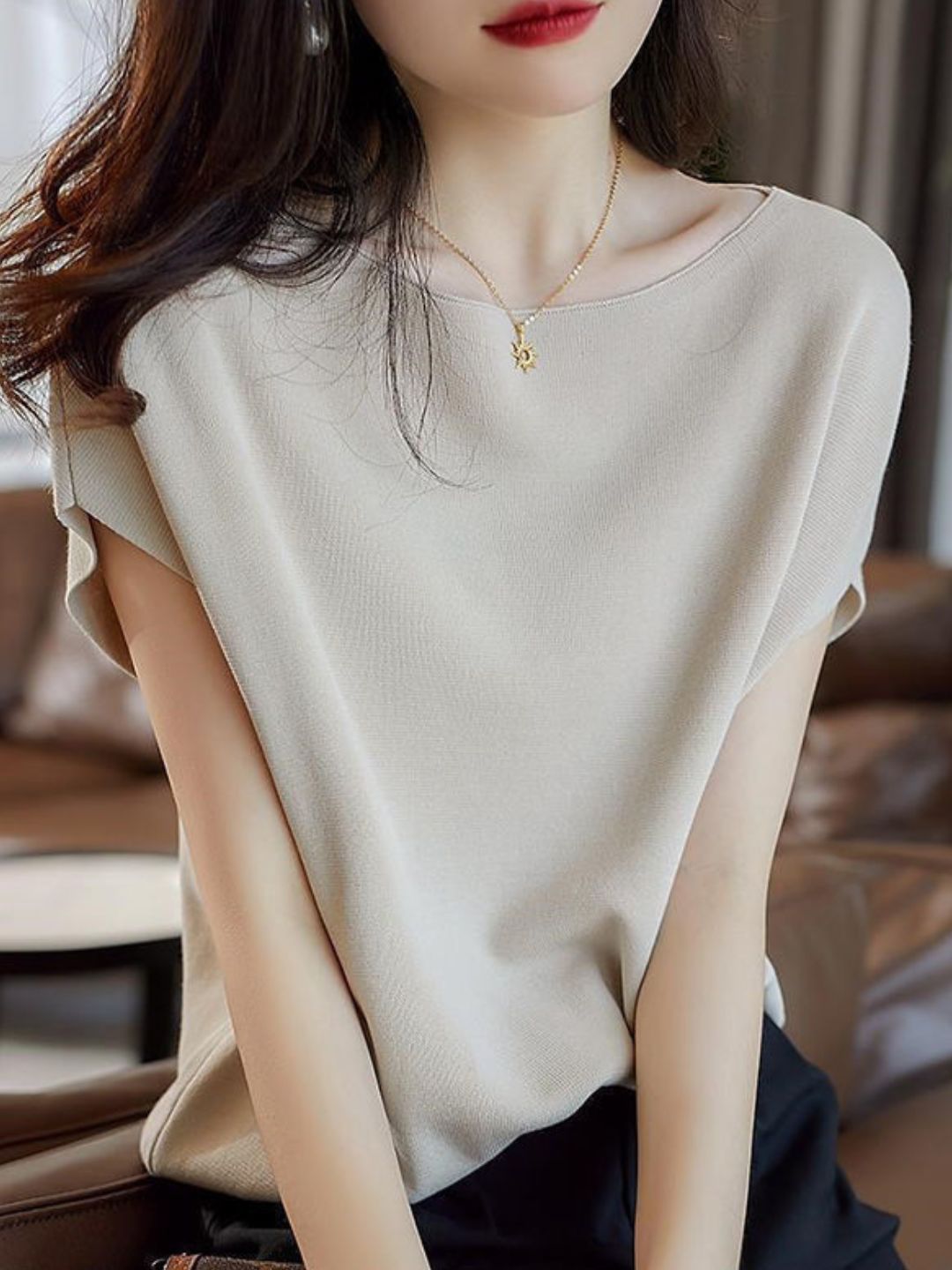 Solid Color Knitted Batwing Top
