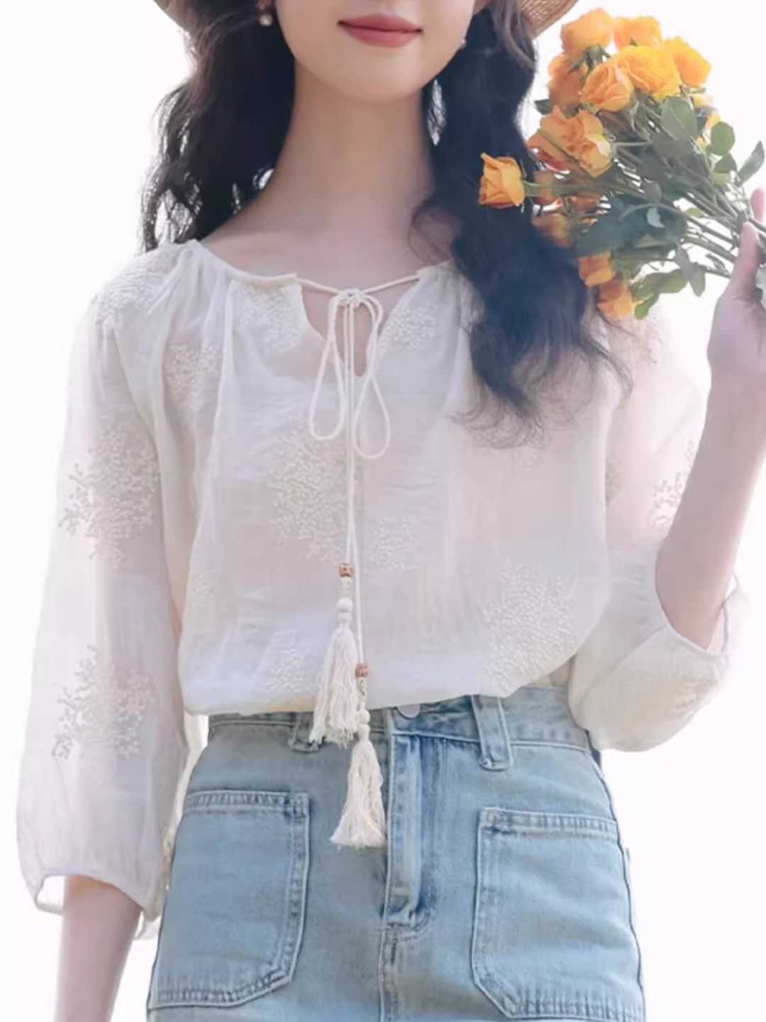 Embroidered Tassel Tie Top