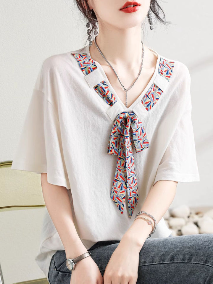 Loose Contrast Ribbon White T-shirt